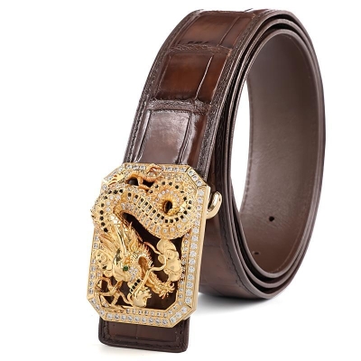 Alligator Leather Belts With Dragon Pattern Buckle-Brown