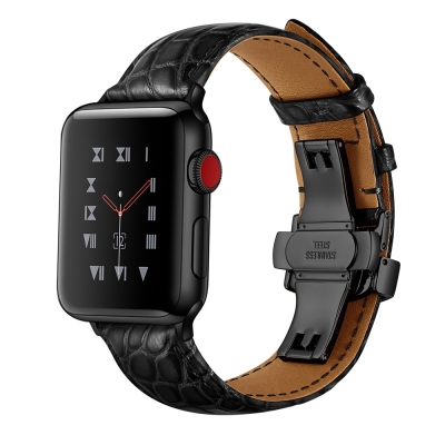 Black Crocodile Apple Watch Bands With Black Adapter