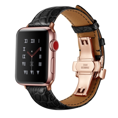 Black Crocodile Apple Watch Bands With Rose Gold Adapter