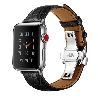 Black Crocodile Apple Watch Bands With Silver Adapter