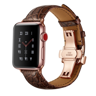 Brown Crocodile Apple Watch Bands With Rose Gold Adapter