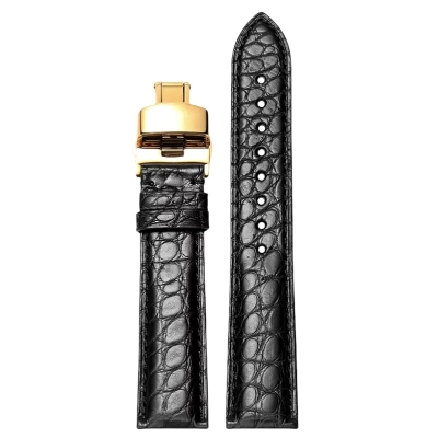 Crocodile Watch Straps Black Crocodile Watch Bands With Gold Butterfly Deployment Clasp