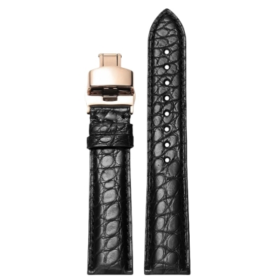 Crocodile Watch Straps Black Crocodile Watch Bands With Rose Gold Butterfly Deployment Clasp